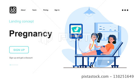 Pregnancy web concept. Pregnant woman on ultrasound examination, screening by doctor at clinic. Template of people scene. Vector illustration with character activities in flat design for website Pregnancy web concept. Pregnant woman on ultrasound examination, screening by doctor at clinic. Template of people scene. Vector illustration with character activities in flat design for website 138251649