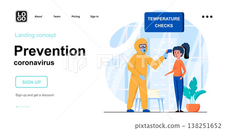 Prevention coronavirus web concept. Medic in protective suit checks temperature of woman forehead. Template of people scene. Vector illustration with character activities in flat design for website Prevention coronavirus web concept. Medic in protective suit checks temperature of woman forehead. Template of people scene. Vector illustration with character activities in flat design for website 138251652