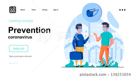 Prevention coronavirus web concept. Men wear medical masks in public places, health protection. Template of people scene. Vector illustration with character activities in flat design for website 138251654