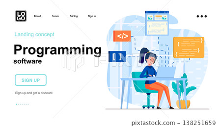 Programming software web concept. Woman coding code, programs in different programming languages. Template of people scene. Vector illustration with character activities in flat design for website Programming software web concept. Woman coding code, programs in different programming languages. Template of people scene. Vector illustration with character activities in flat design for website 138251659