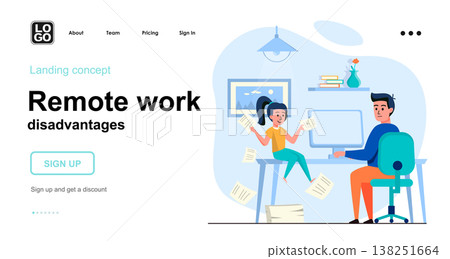 Remote work disadvantages web concept. Man works at home office and distracted by his daughter. Template of people scene. Vector illustration with character activities in flat design for website Remote work disadvantages web concept. Man works at home office and distracted by his daughter. Template of people scene. Vector illustration with character activities in flat design for website 138251664