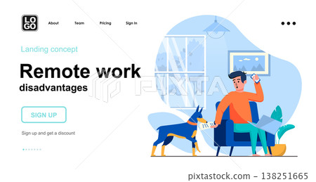 Remote work disadvantages web concept. Freelancer working on laptop, dog interferes and distracts. Template of people scene. Vector illustration with character activities in flat design for website Remote work disadvantages web concept. Freelancer working on laptop, dog interferes and distracts. Template of people scene. Vector illustration with character activities in flat design for website 138251665