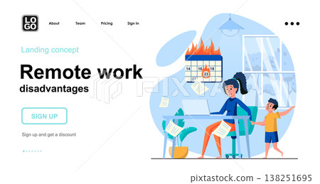 Remote work disadvantages web concept. Woman trying to work, deadline is on, son distracts her. Template of people scene. Vector illustration with character activities in flat design for website Remote work disadvantages web concept. Woman trying to work, deadline is on, son distracts her. Template of people scene. Vector illustration with character activities in flat design for website 138251695
