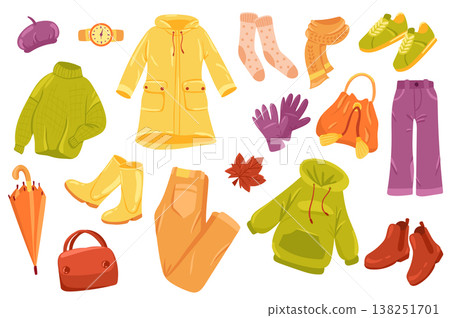 Autumn clothing cute stickers isolated set. Collection of sweater, raincoat, socks, scarf, gloves, pants, umbrella. Warm clothes for walking outdoors. Vector illustration in flat cartoon design Autumn clothing cute stickers isolated set. Collection of sweater, raincoat, socks, scarf, gloves, pants, umbrella. Warm clothes for walking outdoors. Vector illustration in flat cartoon design 138251701