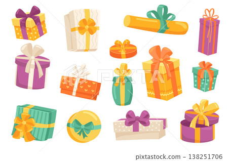 Gift boxes cute stickers isolated set. Collection of boxes in wrapping paper with bows of different types. Celebrating holidays, giving presents at event. Vector illustration in flat cartoon design 138251706