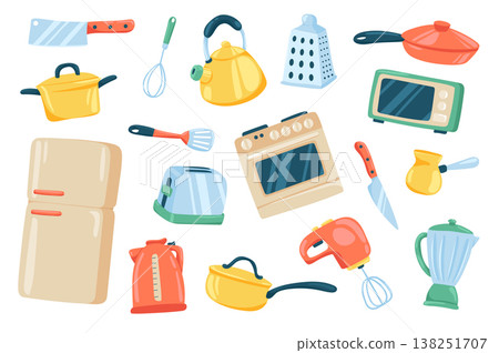 Kitchen utensil cute stickers isolated set. Collection of knife, whisk, kettle, frying pan, microwave, oven, toaster, refrigerator, mixer, coffee maker. Vector illustration in flat cartoon design 138251707