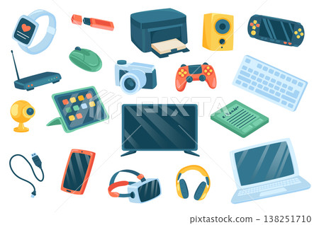 Devices cute stickers isolated set. Collection of fitness tracker, printer, music column, console, wifi router, tablet, cameras, tv, laptop, smartphone. Vector illustration in flat cartoon design Devices cute stickers isolated set. Collection of fitness tracker, printer, music column, console, wifi router, tablet, cameras, tv, laptop, smartphone. Vector illustration in flat cartoon design 138251710
