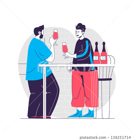 Birthday party web concept. Friends talking and drink champagne at bar. Holiday celebrating people scene. Flat characters design for website. Vector illustration for social media promotional materials 138251714