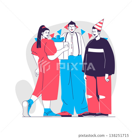 Birthday party web concept. Friends congratulate and give gifts. Holiday celebrating people scene. Flat characters design for website. Vector illustration for social media promotional materials 138251715