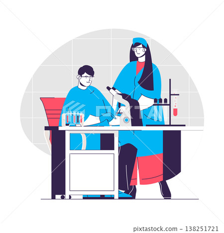 Chemical laboratory web concept. Scientists testing at microscope. Scientific research people scene. Flat characters design for website. Vector illustration for social media promotional materials Chemical laboratory web concept. Scientists testing at microscope. Scientific research people scene. Flat characters design for website. Vector illustration for social media promotional materials 138251721