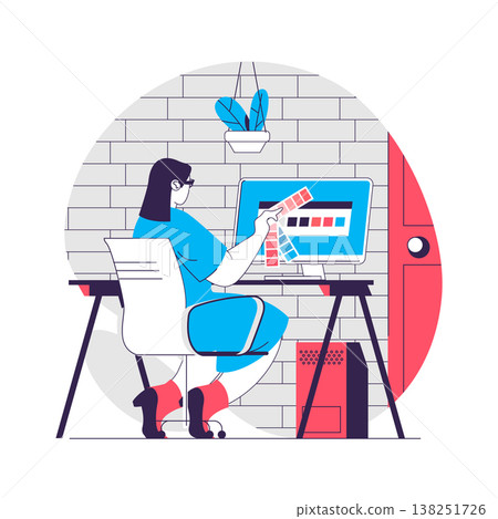 Design Agency web concept. Designer chooses palette of colors. Digital products creation people scene. Flat characters design for website. Vector illustration for social media promotional materials Design Agency web concept. Designer chooses palette of colors. Digital products creation people scene. Flat characters design for website. Vector illustration for social media promotional materials 138251726