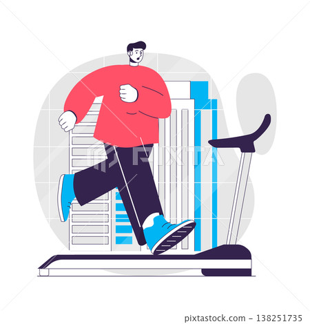 Fitness web concept. Man running on a treadmill, cardio training. Sport exercising at gym people scene. Flat characters design for website. Vector illustration for social media promotional materials 138251735
