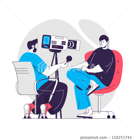 Journalism web concept. Operator recording reportage or TV show of journalist. Mass media people scene. Flat characters design for website. Vector illustration for social media promotional materials Journalism web concept. Operator recording reportage or TV show of journalist. Mass media people scene. Flat characters design for website. Vector illustration for social media promotional materials 138251742