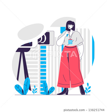 Journalism web concept. Host of TV show talks into microphone on set of program. Mass media people scene. Flat characters design for website. Vector illustration for social media promotional materials 138251744