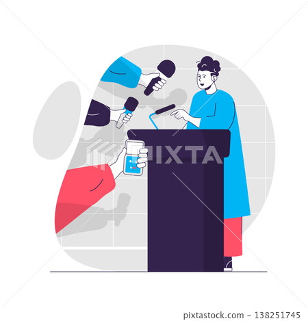 Journalism web concept. Woman behind podium speaking at press conference. Mass media people scene. Flat characters design for website. Vector illustration for social media promotional materials 138251745