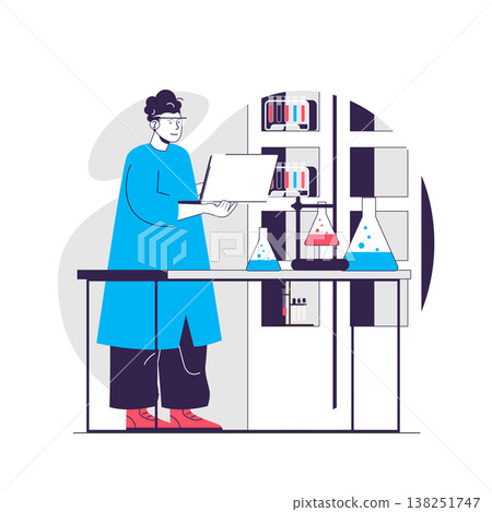 Laboratory web concept. Man makes experiments and analyzes on laptop. Scientific research people scene. Flat characters design for website. Vector illustration for social media promotional materials 138251747