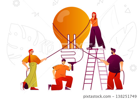 Big idea and innovations web concept. Team brainstorming, business creativity. People scene with flat line characters design for website. Vector illustration for social media promotional materials Big idea and innovations web concept. Team brainstorming, business creativity. People scene with flat line characters design for website. Vector illustration for social media promotional materials 138251749