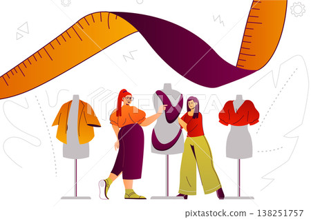 Clothes designer studio web concept. Fashion designer service, tailoring to order. People scene with flat line characters design for website. Vector illustration for social media promotional materials Clothes designer studio web concept. Fashion designer service, tailoring to order. People scene with flat line characters design for website. Vector illustration for social media promotional materials 138251757