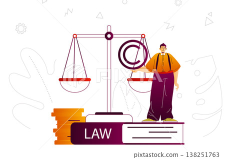 Law company web concept. Lawyer or attorney services, business law, legal rules. People scene with flat line characters design for website. Vector illustration for social media promotional materials Law company web concept. Lawyer or attorney services, business law, legal rules. People scene with flat line characters design for website. Vector illustration for social media promotional materials 138251763