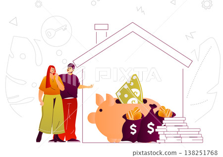 Mortgage web concept. Couple buying new house using bank loan, financial tools. People scene with flat line characters design for website. Vector illustration for social media promotional materials Mortgage web concept. Couple buying new house using bank loan, financial tools. People scene with flat line characters design for website. Vector illustration for social media promotional materials 138251768