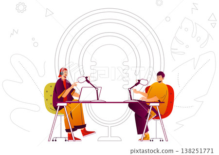 Podcast web concept. Host and guest broadcasting live or recording interviews. People scene with flat line characters design for website. Vector illustration for social media promotional materials Podcast web concept. Host and guest broadcasting live or recording interviews. People scene with flat line characters design for website. Vector illustration for social media promotional materials 138251771