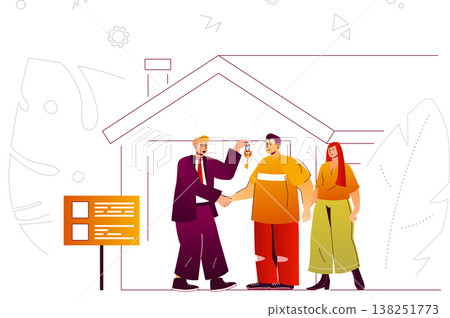 Real estate web concept. Realtor gives key to couple buying or rent new house. People scene with flat line characters design for website. Vector illustration for social media promotional materials Real estate web concept. Realtor gives key to couple buying or rent new house. People scene with flat line characters design for website. Vector illustration for social media promotional materials 138251773