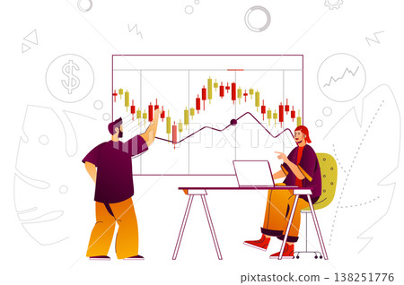 Stock market web concept. Team analyzing financial data graph, currency trading. People scene with flat line characters design for website. Vector illustration for social media promotional materials Stock market web concept. Team analyzing financial data graph, currency trading. People scene with flat line characters design for website. Vector illustration for social media promotional materials 138251776