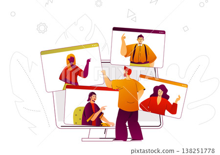 Video conference web concept. Online business meeting or video calling of friends. People scene with flat line characters design for website. Vector illustration for social media promotional materials Video conference web concept. Online business meeting or video calling of friends. People scene with flat line characters design for website. Vector illustration for social media promotional materials 138251778