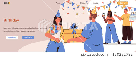 Birthday web concept. Friends celebrate holiday at home party, give gifts, have fun scene. Banner template with flat line characters design. Vector illustration for social media promotional materials Birthday web concept. Friends celebrate holiday at home party, give gifts, have fun scene. Banner template with flat line characters design. Vector illustration for social media promotional materials 138251782