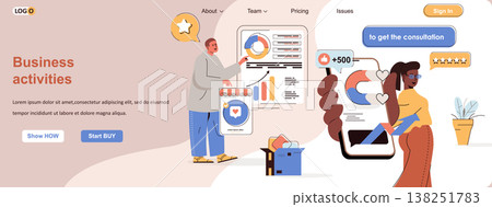 Business activities web concept. New project development, data analytics, career scene. Banner template with flat line characters design. Vector illustration for social media promotional materials 138251783