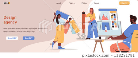 Design agency web concept. Designers draw elements, create interface, project work scene. Banner template with flat line characters design. Vector illustration for social media promotional materials 138251791