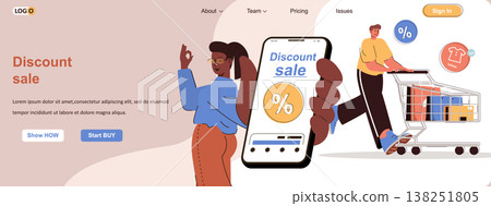 Discount sale web concept. Online shopping with the best offers in mobile app scene. Banner template with flat line characters design. Vector illustration for social media promotional materials 138251805