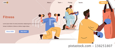Fitness training web concept. Men and women exercising in gym, healthy lifestyle scene. Banner template with flat line characters design. Vector illustration for social media promotional materials Fitness training web concept. Men and women exercising in gym, healthy lifestyle scene. Banner template with flat line characters design. Vector illustration for social media promotional materials 138251807