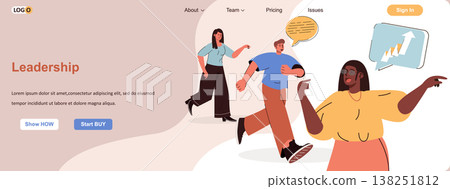 Leadership web concept. Achieving goals, motivation and successful strategy, career scene. Banner template with flat line characters design. Vector illustration for social media promotional materials 138251812