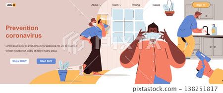 Prevention coronavirus web concept. Wear masks, wash hands, disinfect surfaces scene. Banner template with flat line characters design. Vector illustration for social media promotional materials 138251817