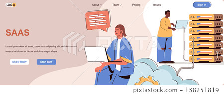 SaaS web concept. Use of programs and software by subscription, cloud services scene. Banner template with flat line characters design. Vector illustration for social media promotional materials SaaS web concept. Use of programs and software by subscription, cloud services scene. Banner template with flat line characters design. Vector illustration for social media promotional materials 138251819