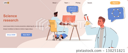 Science research web concept. Scientists make experiments in lab, analyze test data scene. Banner template with flat line characters design. Vector illustration for social media promotional materials Science research web concept. Scientists make experiments in lab, analyze test data scene. Banner template with flat line characters design. Vector illustration for social media promotional materials 138251821
