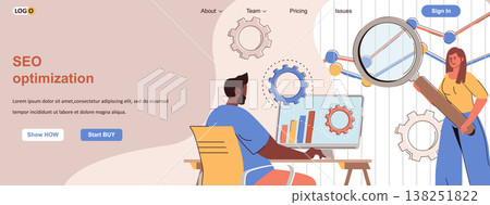Seo optimization web concept. Team sets up search engine, promotes site online scene. Banner template with flat line characters design. Vector illustration for social media promotional materials Seo optimization web concept. Team sets up search engine, promotes site online scene. Banner template with flat line characters design. Vector illustration for social media promotional materials 138251822