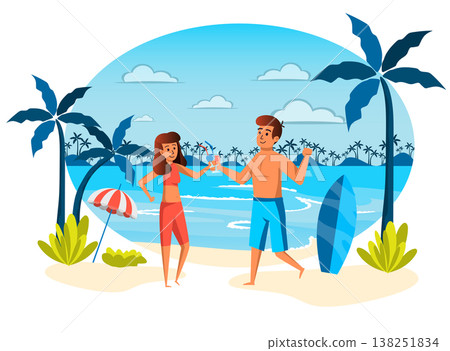 Summer vacation isolated scene. Man and woman resting at seaside resort, recreation at tropical island. Couple drinking cocktails and sunbathing on beach. Vector illustration in flat cartoon design 138251834
