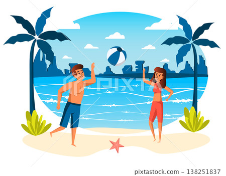 Summer vacation isolated scene. Couple playing ball on beach. Woman and man doing sport activities, resting at seaside resort, recreation tropical island. Vector illustration in flat cartoon design Summer vacation isolated scene. Couple playing ball on beach. Woman and man doing sport activities, resting at seaside resort, recreation tropical island. Vector illustration in flat cartoon design 138251837