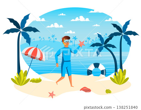 Summer vacation isolated scene. Man in mask going to diving at ocean, holding starfish. Guy resting on beach at seaside resort, recreation tropical island. Vector illustration in flat cartoon design Summer vacation isolated scene. Man in mask going to diving at ocean, holding starfish. Guy resting on beach at seaside resort, recreation tropical island. Vector illustration in flat cartoon design 138251840