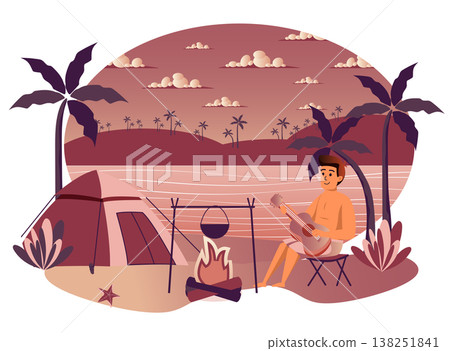 Summer vacation isolated scene. Tourist sitting by fire, playing guitar, resting in tent on beach by sea. Guy recreation at seaside resort tropical island. Vector illustration in flat cartoon design Summer vacation isolated scene. Tourist sitting by fire, playing guitar, resting in tent on beach by sea. Guy recreation at seaside resort tropical island. Vector illustration in flat cartoon design 138251841