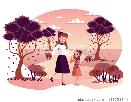 Mother and daughter walking together in autumn park isolated scene. Family spending time together outdoors. Autumn landscape and seasonal activities. Vector illustration in flat cartoon design Mother and daughter walking together in autumn park isolated scene. Family spending time together outdoors. Autumn landscape and seasonal activities. Vector illustration in flat cartoon design 138251844