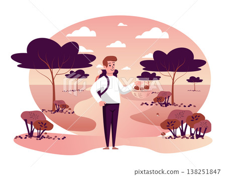Man picking mushrooms in autumn park isolated scene. Happy guy with backpack holding basket with mushroom harvest. Autumn landscape and seasonal activities. Vector illustration in flat cartoon design Man picking mushrooms in autumn park isolated scene. Happy guy with backpack holding basket with mushroom harvest. Autumn landscape and seasonal activities. Vector illustration in flat cartoon design 138251847