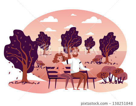 Couple sitting on bench in autumn park isolated scene. Man and woman hugging and spending time together outdoors. Autumn landscape and seasonal activities. Vector illustration in flat cartoon design Couple sitting on bench in autumn park isolated scene. Man and woman hugging and spending time together outdoors. Autumn landscape and seasonal activities. Vector illustration in flat cartoon design 138251848