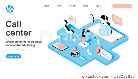 Call center isometric concept. Operator answers customer calls, technical support hotline, online consultations, line flat isometry web banner. Vector illustration in 3d design for landing page 138251856