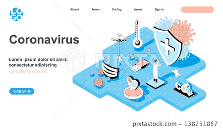 Coronavirus isometric concept. Stop pandemic covid-19, doctor fights virus, protection against infection and treatment, line flat isometry web banner. Vector illustration in 3d design for landing page 138251857
