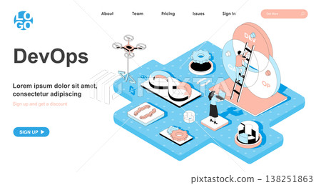 DevOps isometric concept. Monitoring and optimization of development processes and operations, teamwork administration, line flat isometry web banner. Vector illustration in 3d design for landing page DevOps isometric concept. Monitoring and optimization of development processes and operations, teamwork administration, line flat isometry web banner. Vector illustration in 3d design for landing page 138251863