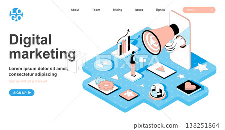 Digital marketing isometric concept. Advertising campaign, business promotion, communication strategy with client, line flat isometry web banner. Vector illustration in 3d design for landing page Digital marketing isometric concept. Advertising campaign, business promotion, communication strategy with client, line flat isometry web banner. Vector illustration in 3d design for landing page 138251864