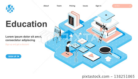 Education isometric concept. Students study at school, college or university, learn subjects in courses, graduation, line flat isometry web banner. Vector illustration in 3d design for landing page Education isometric concept. Students study at school, college or university, learn subjects in courses, graduation, line flat isometry web banner. Vector illustration in 3d design for landing page 138251865
